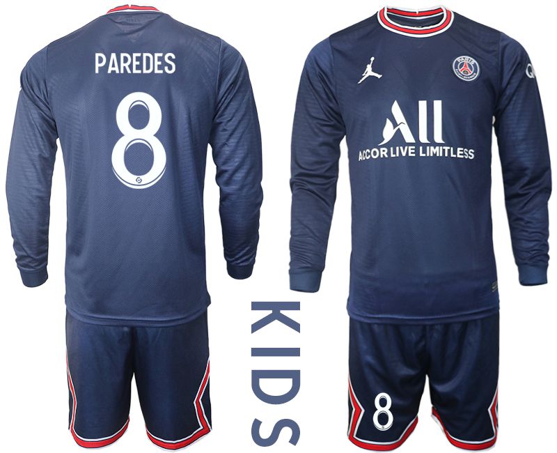Youth 2021-2022 Club Paris St German home blue Long Sleeve #8 Soccer Jersey->youth soccer jersey->Youth Jersey